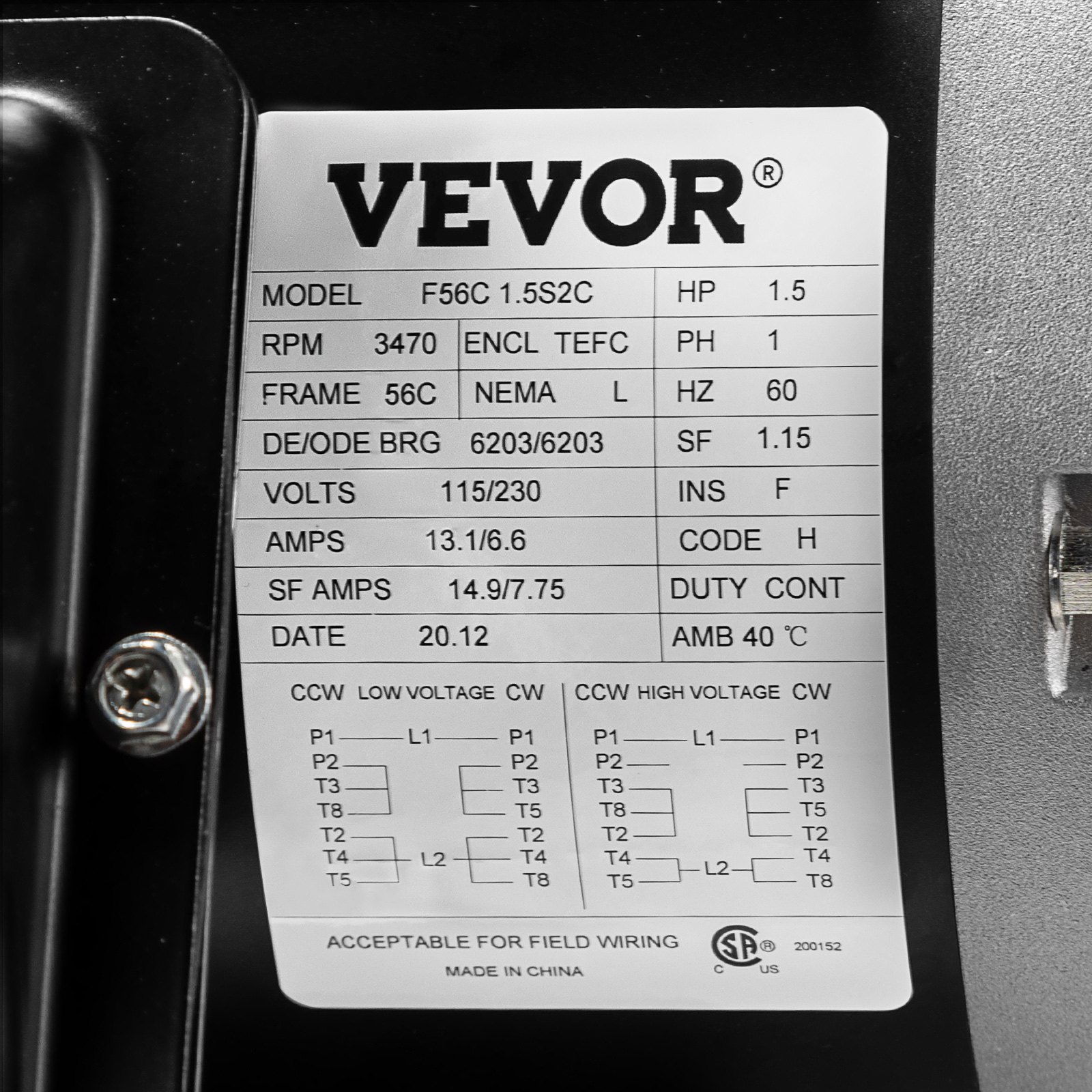 Etiqueta de especificaciones del motor eléctrico VEVOR con modelo f56c-1.5s2c, rpm 3470 y 1,5 hp.