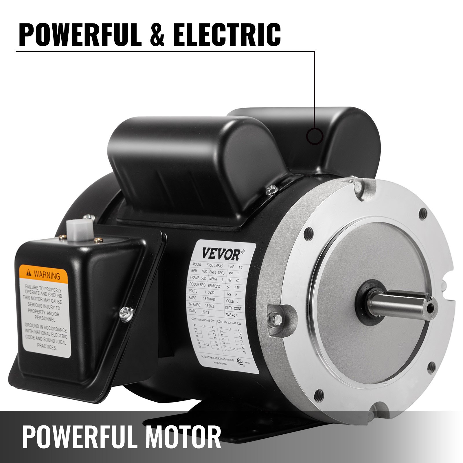 Potente motor eléctrico VEVOR con especificaciones técnicas visibles y etiqueta de advertencia.