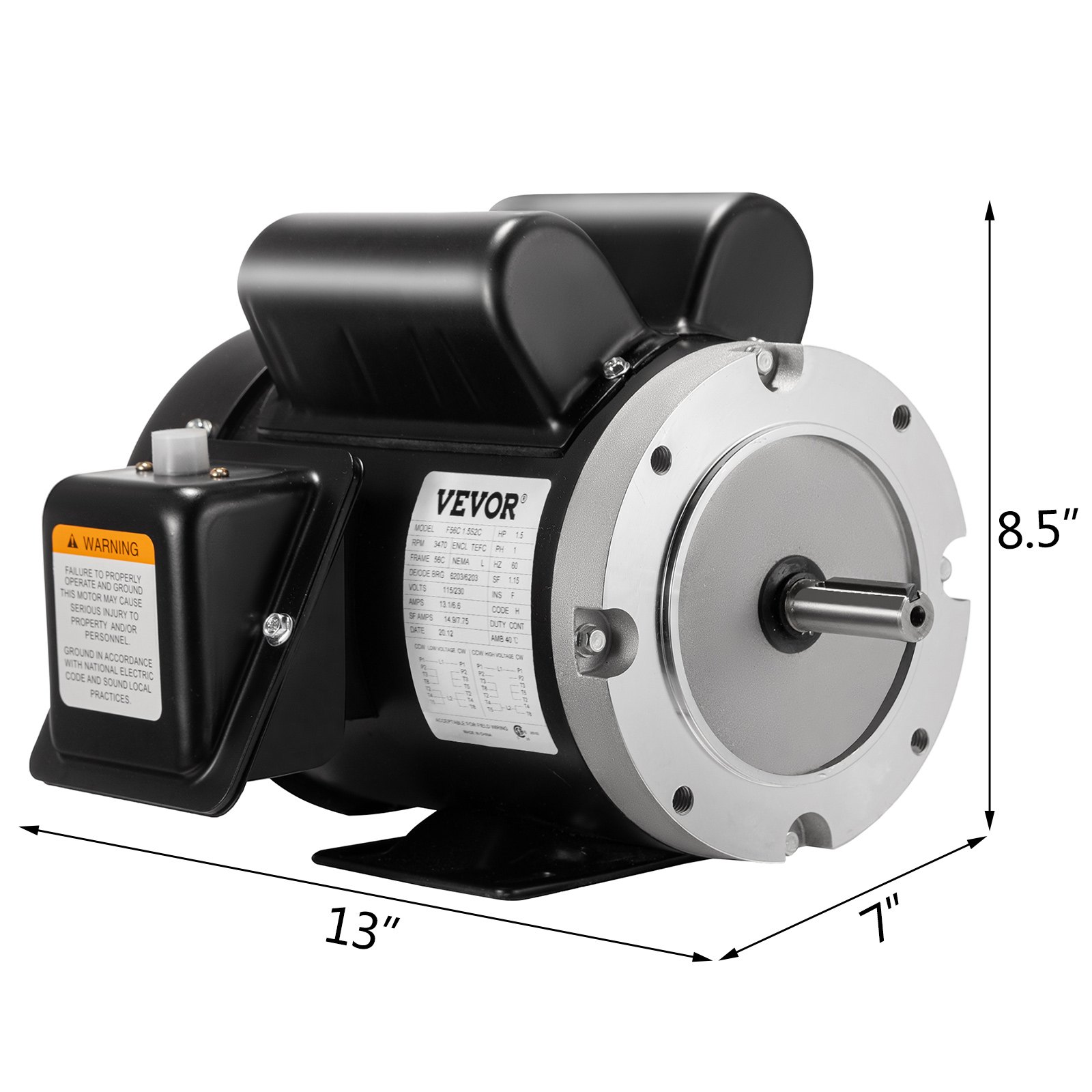 Motor eléctrico VEVOR, dimensiones 13&quot;x7&quot;x8,5&quot;, con etiqueta detallada y aviso de advertencia