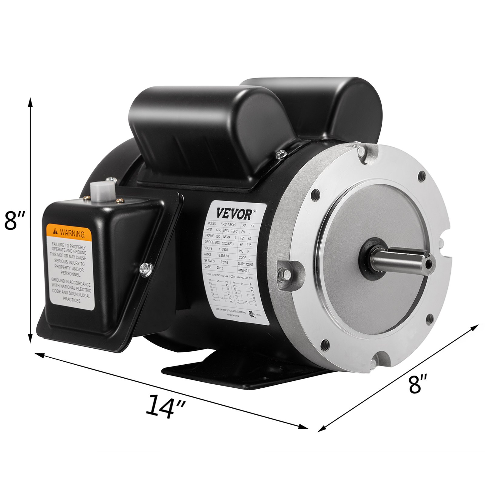 Motor eléctrico VEVOR negro y plateado etiquetado con dimensiones 14&quot;x8&quot;x8&quot;.