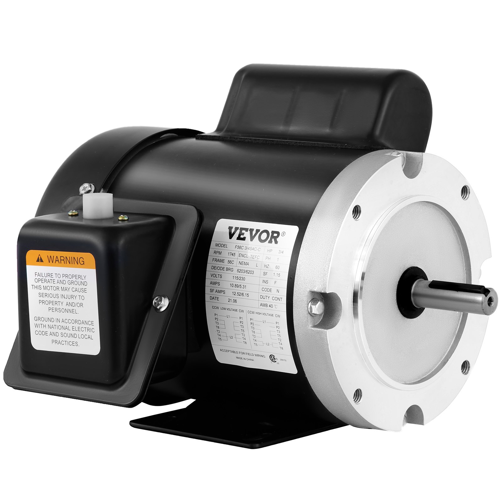 Motor compresor eléctrico VEVOR en color negro con especificaciones técnicas y etiqueta de advertencia.