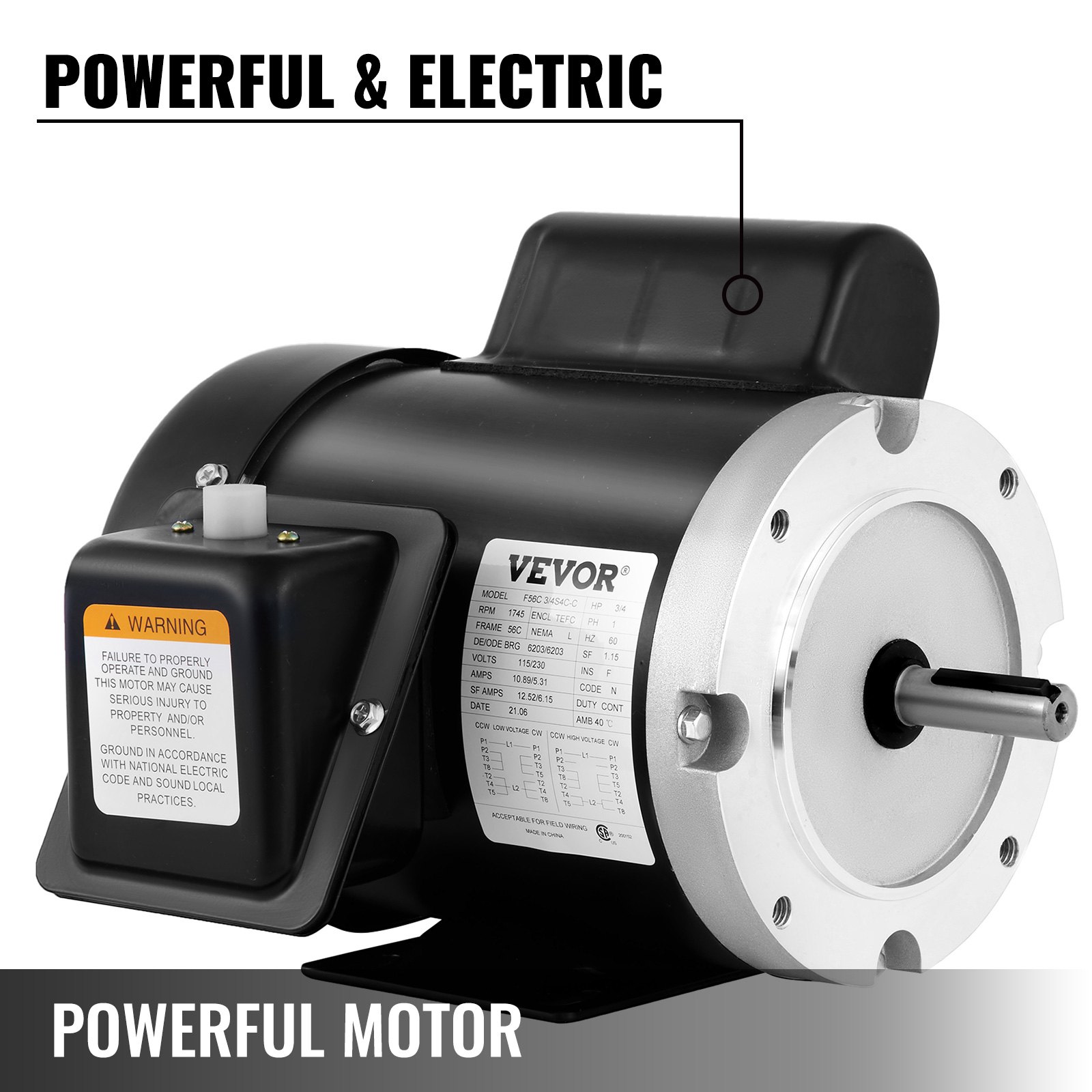 Motor compresor eléctrico VEVOR con etiqueta de advertencia y especificaciones de potencia.