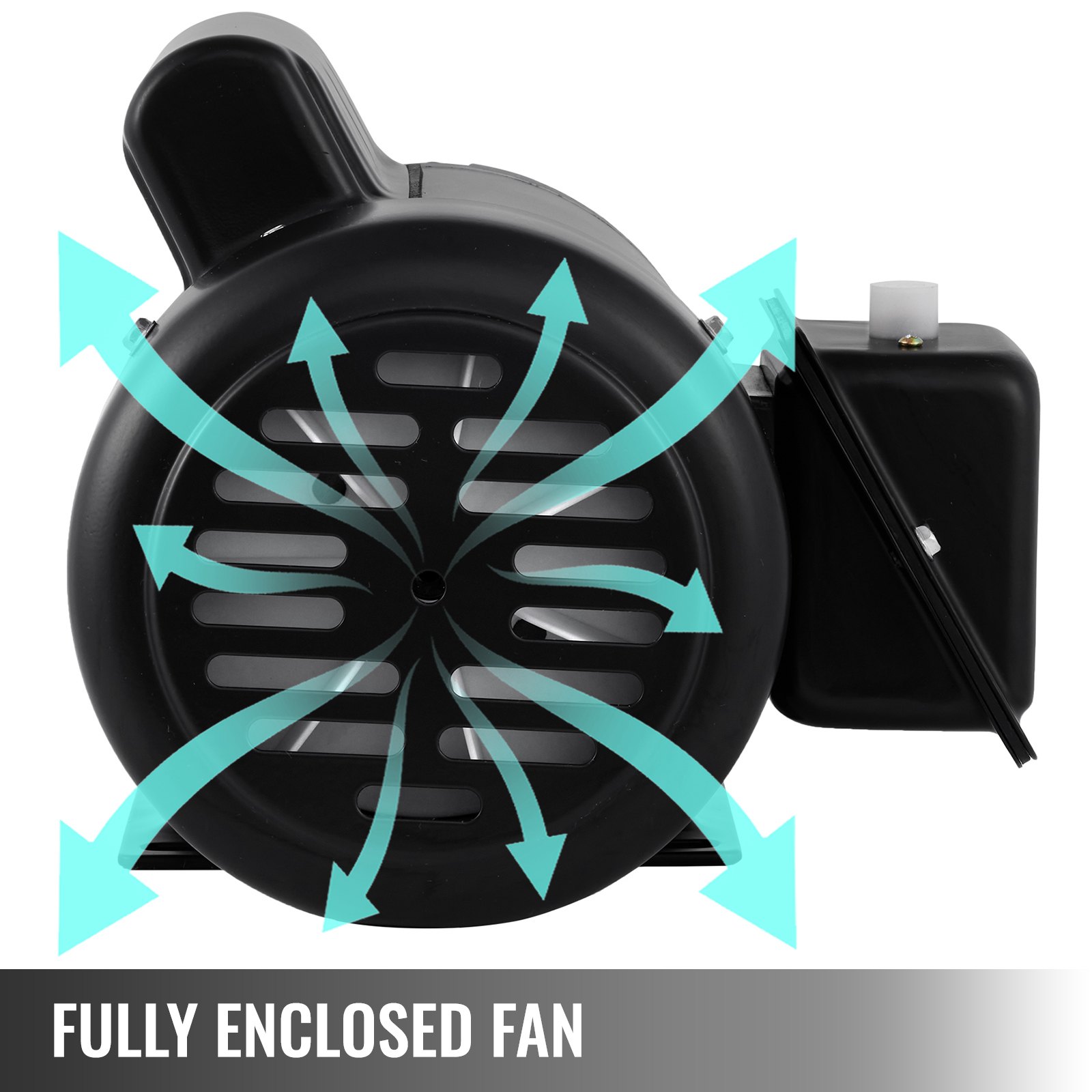 Motor compresor eléctrico VEVOR con ventilador completamente cerrado que muestra la dirección del flujo de aire.