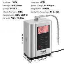 Máquina ionizadora de agua alcalina VEVOR, purificador de agua alcalina ácida con hidrógeno y pH 3,5-10,5, sistema de filtración de agua para el hogar con 7 configuraciones, ORP de hasta -650 mV, 8000 l por filtro, limpieza automática, color blanco