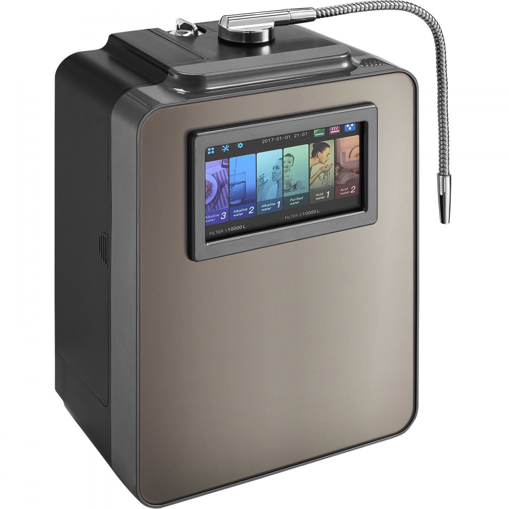 Ionizador de agua alcalina VEVOR, purificador de agua alcalina ácida con hidrógeno (pH 2,5-11,2), sistema de filtración doméstico con 6 configuraciones de agua, ORP de hasta -850 mV, 10 000 l por filtro, función UV, calentamiento de agua.