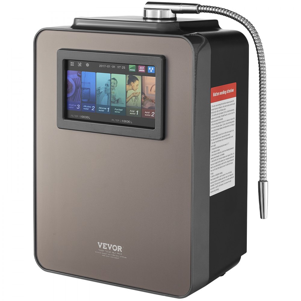 Ionizador de agua alcalina VEVOR, purificador de agua alcalina ácida con hidrógeno (pH 2,5-11,2), sistema de filtración doméstico con 6 configuraciones de agua, ORP de hasta -850 mV, 10 000 l por filtro, función UV, calentamiento de agua.
