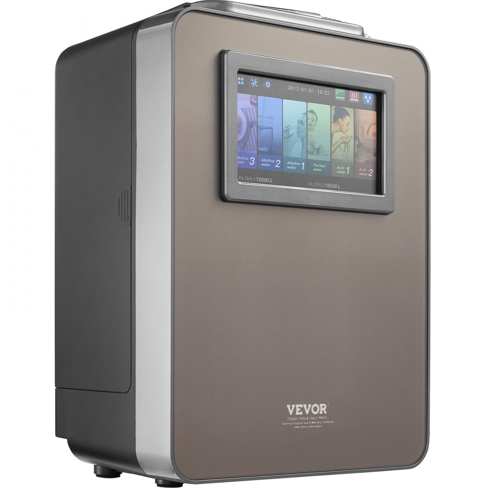 Ionizador de agua alcalina VEVOR, purificador de agua alcalina ácida con hidrógeno (pH 2,5-11,2), sistema de filtración doméstico con 6 configuraciones de agua, ORP de hasta -850 mV, 10 000 l por filtro, función UV, calentamiento de agua.