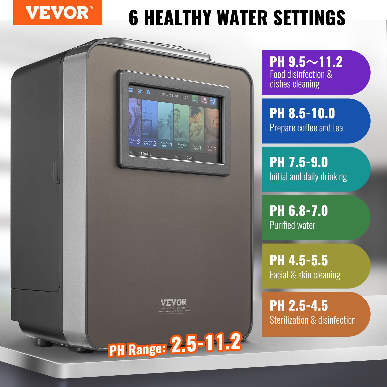 Ionizador de agua alcalina VEVOR, purificador de agua alcalina ácida con hidrógeno (pH 2,5-11,2), sistema de filtración doméstico con 6 configuraciones de agua, ORP de hasta -850 mV, 10 000 l por filtro, función UV, calentamiento de agua.