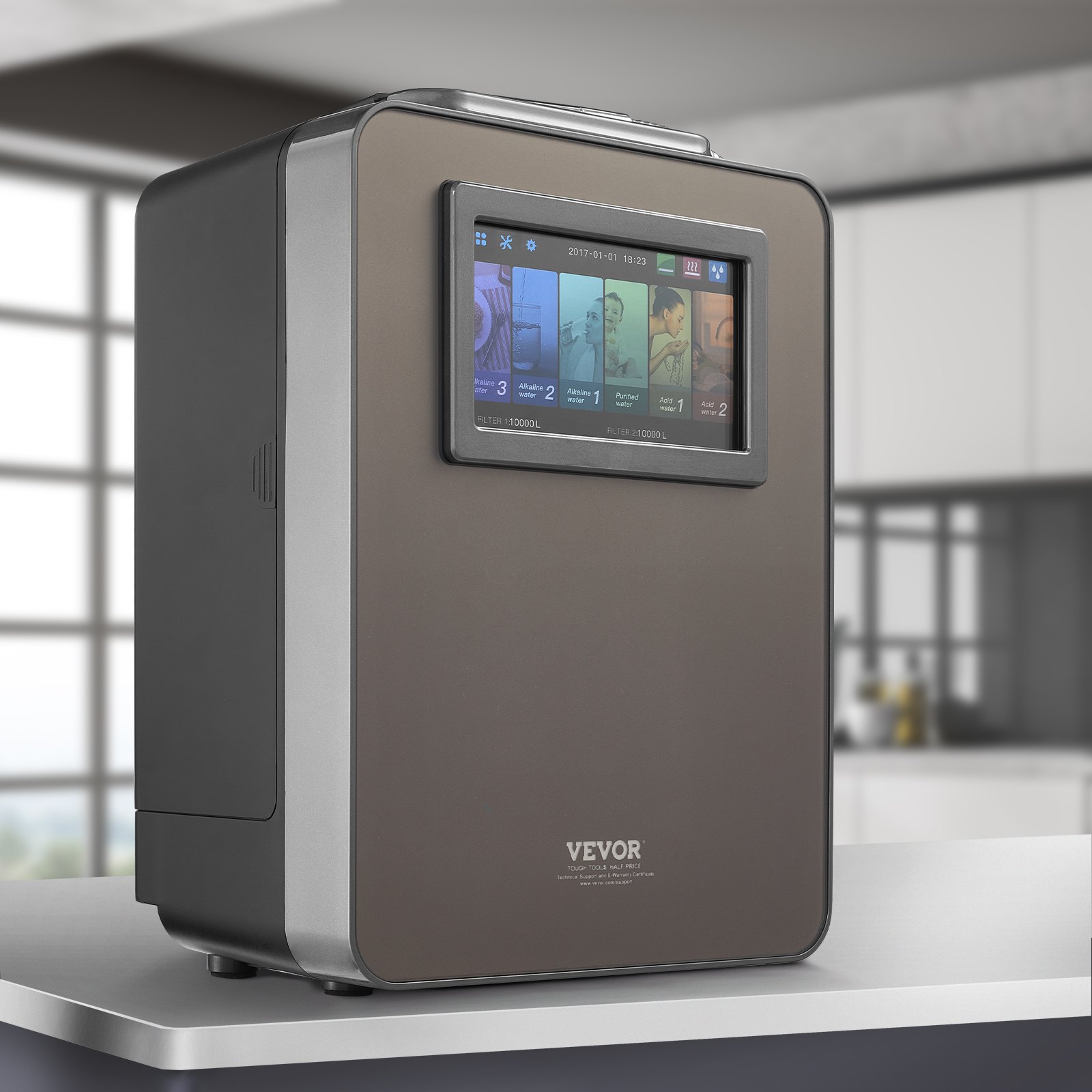 Ionizador de agua alcalina VEVOR, purificador de agua alcalina ácida con hidrógeno (pH 2,5-11,2), sistema de filtración doméstico con 6 configuraciones de agua, ORP de hasta -850 mV, 10 000 l por filtro, función UV, calentamiento de agua.