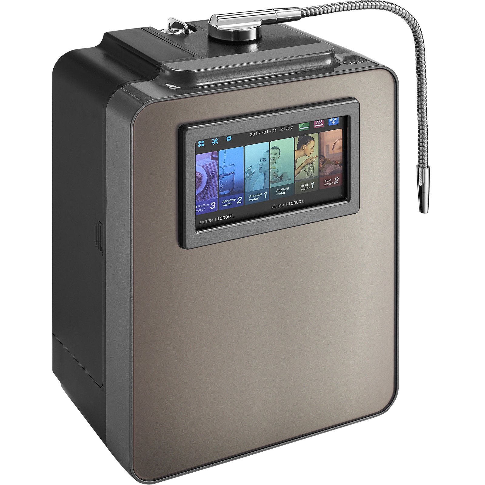 Ionizador de agua alcalina VEVOR, purificador de agua alcalina ácida con hidrógeno (pH 2,5-11,2), sistema de filtración doméstico con 6 configuraciones de agua, ORP de hasta -850 mV, 10 000 l por filtro, función UV, calentamiento de agua.