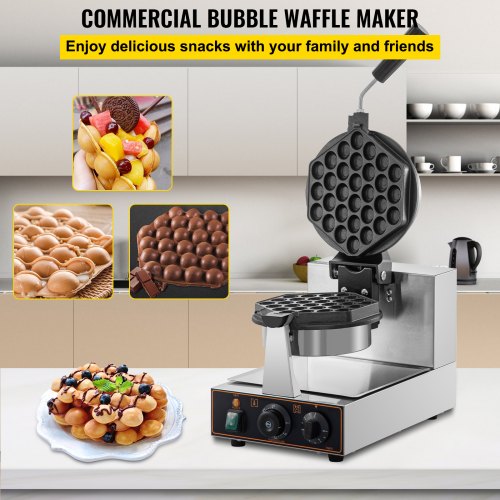 VEVOR Commercial Bubble Waffle Maker, Molde hexagonal, 1200 W Egg Bubble Puff Iron con 2 sartenes giratorias de 360 ° y manijas dobladas, Panadero de acero inoxidable con revestimiento de teflón antiadherente, 50-300 ℃ / 122-572 ℉ Ajustable