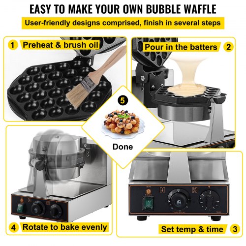 VEVOR Commercial Bubble Waffle Maker, Molde hexagonal, 1200 W Egg Bubble Puff Iron con 2 sartenes giratorias de 360 ° y manijas dobladas, Panadero de acero inoxidable con revestimiento de teflón antiadherente, 50-300 ℃ / 122-572 ℉ Ajustable