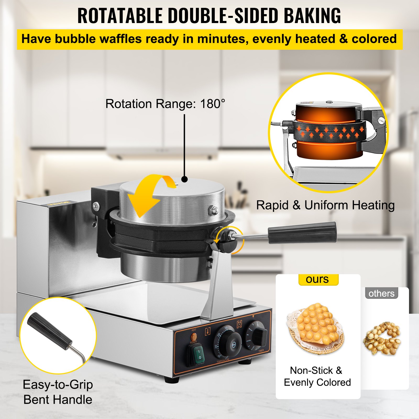 El diseño giratorio de doble cara de la máquina para hacer waffles de burbujas VEVOR garantiza un calentamiento rápido y uniforme para obtener waffles perfectos.