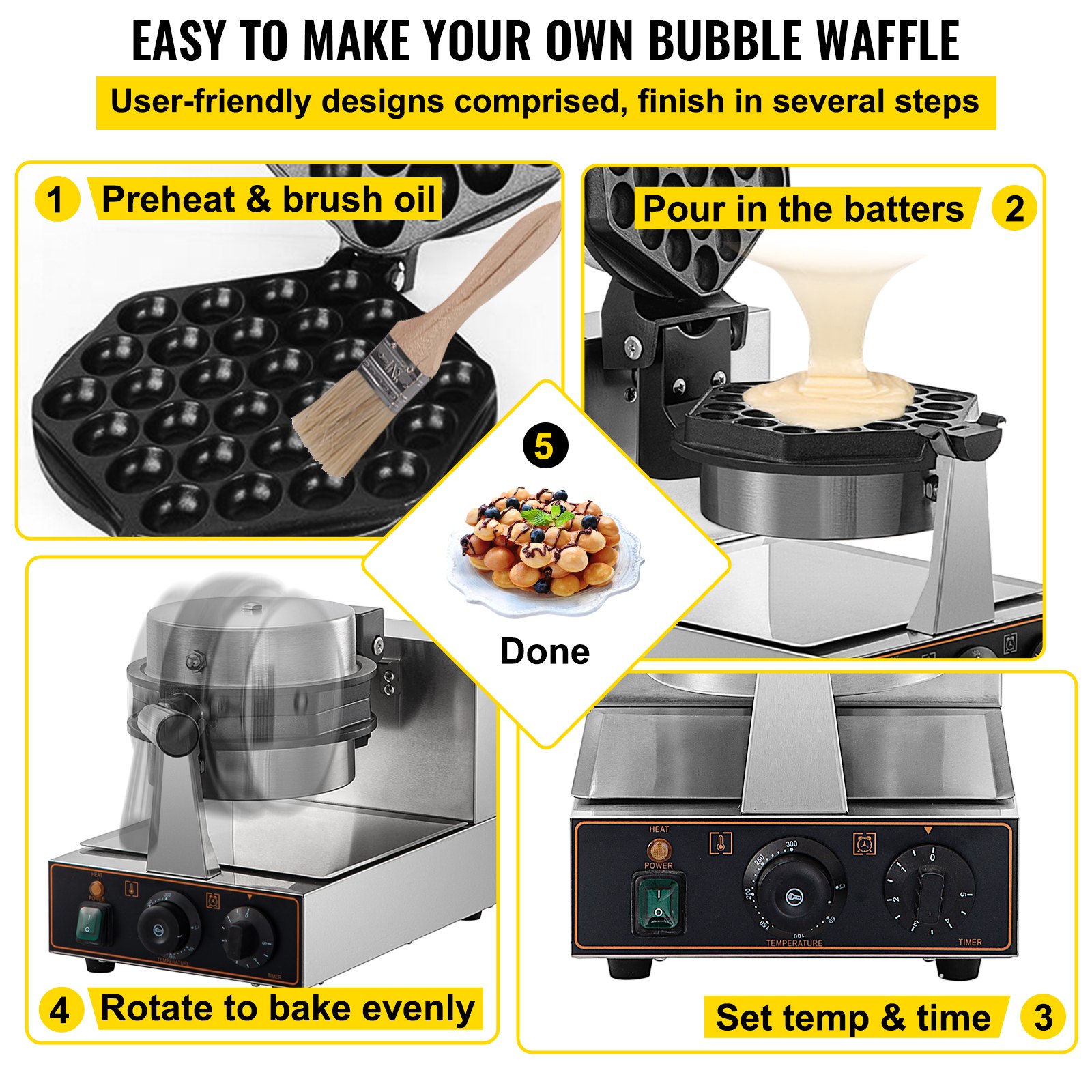 Pasos para hacer waffles de burbujas VEVOR: precalentar, verter la masa, configurar la temperatura, girar para hornear y listo.