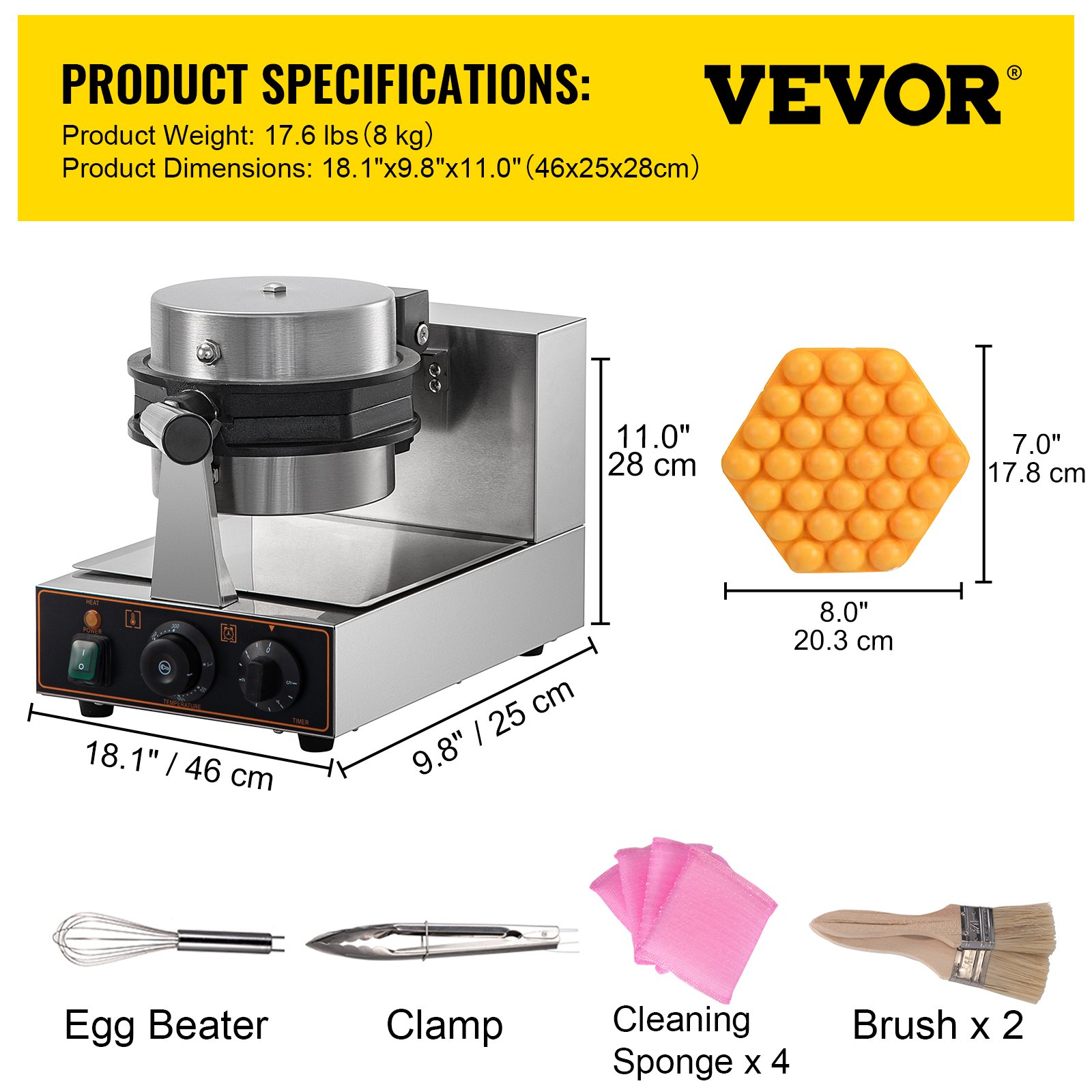 Máquina para hacer waffles con burbujas VEVOR con especificaciones del producto, dimensiones, patrón de waffle y accesorios (batidor de huevos, abrazadera, esponjas, cepillos).