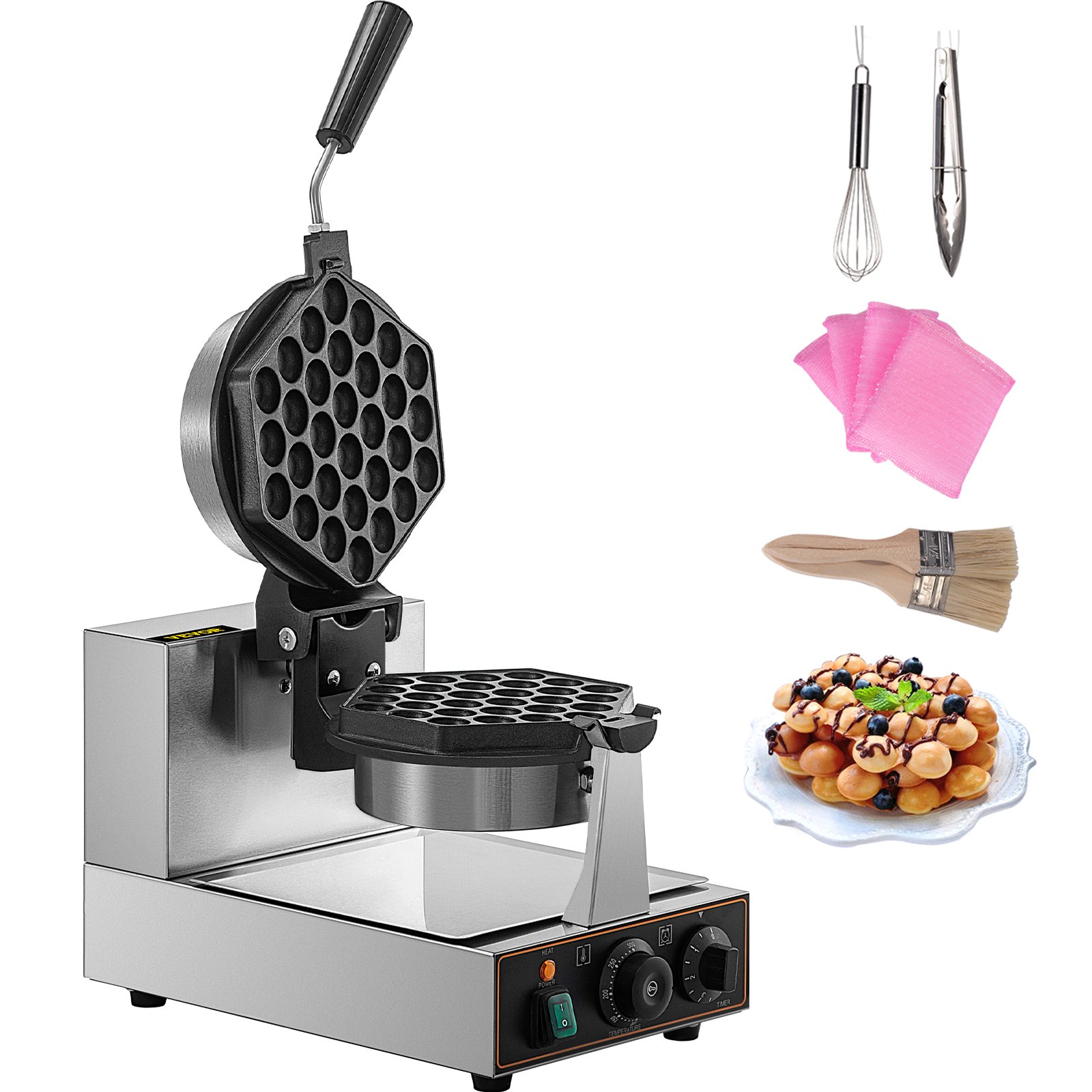 máquina de gofres de burbuja VEVOR con accesorios y plato servido al lado.