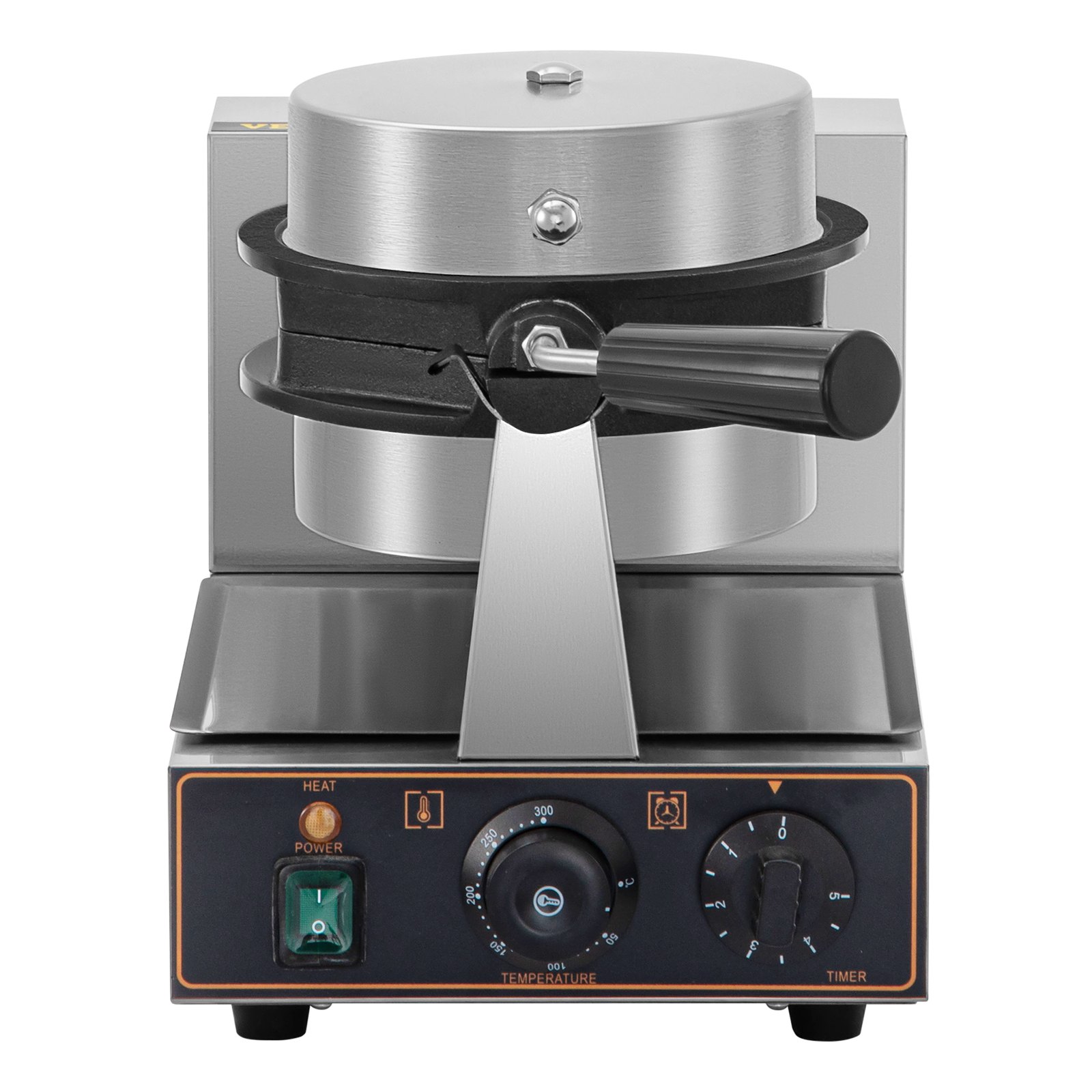 Vista frontal de la máquina para hacer waffles de burbujas VEVOR con controles de temperatura y temporizador.