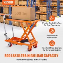 Carro de mesa elevadora hidráulica VEVOR, capacidad de 500 libras, altura de elevación de 28.5 pulgadas, mesa elevadora de tijera individual manual con 4 ruedas y almohadilla antideslizante, carro de tijera hidráulica para manejo de materiales, naranja