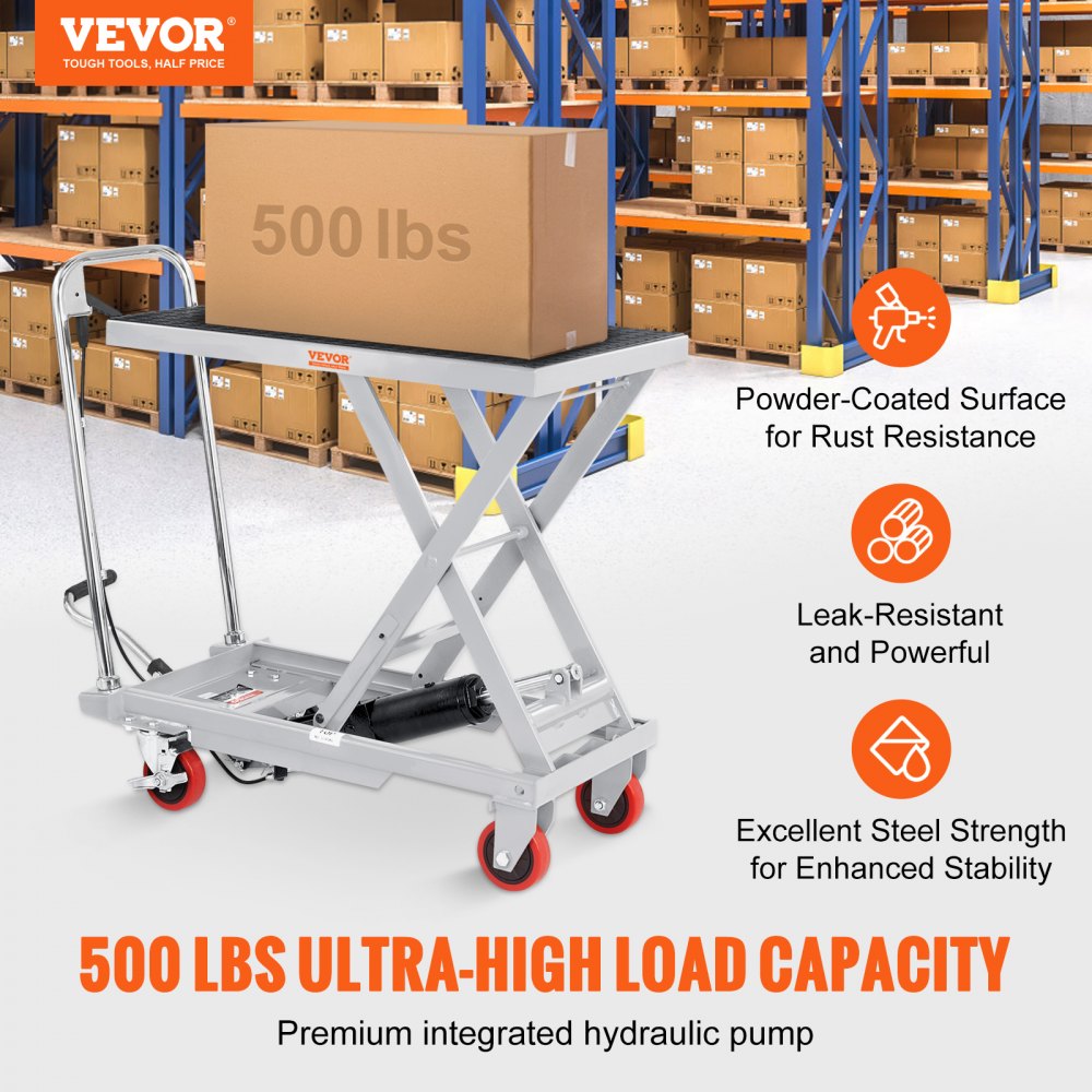VEVOR Carro Hidráulico de Mesa Elevadora Capacidad de Carga de 230 kg Elevador Manual de Tijera Simple Altura de Elevación de 720 mm 4 Ruedas Cojín Antideslizante para Manipulación Transporte, Gris