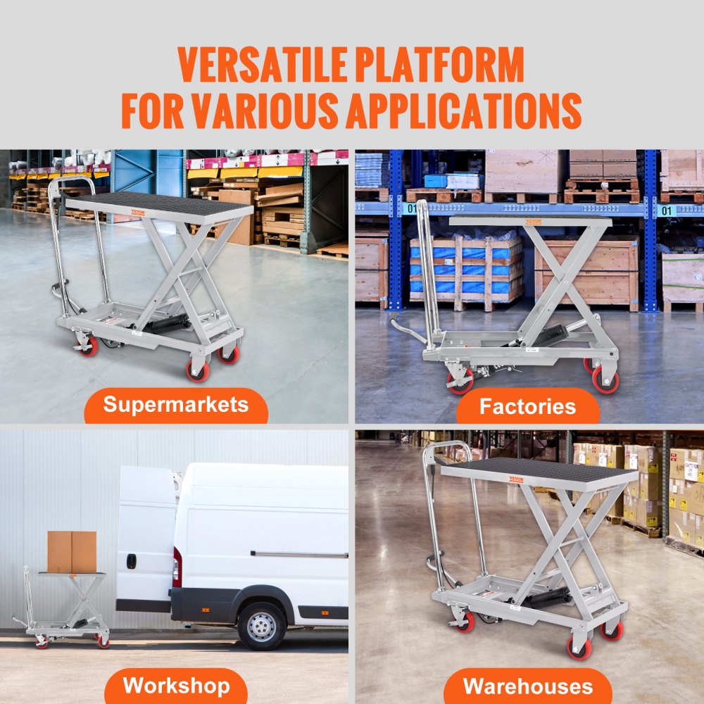 VEVOR Carro Hidráulico de Mesa Elevadora Capacidad de Carga de 230 kg Elevador Manual de Tijera Simple Altura de Elevación de 720 mm 4 Ruedas Cojín Antideslizante para Manipulación Transporte, Gris