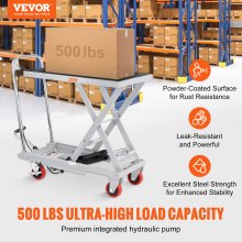Carro de mesa elevadora hidráulica VEVOR, capacidad de 500 libras, altura de elevación de 28.5 pulgadas, mesa elevadora de tijera individual manual con 4 ruedas y almohadilla antideslizante, carro de tijera hidráulica para manejo de materiales, gris