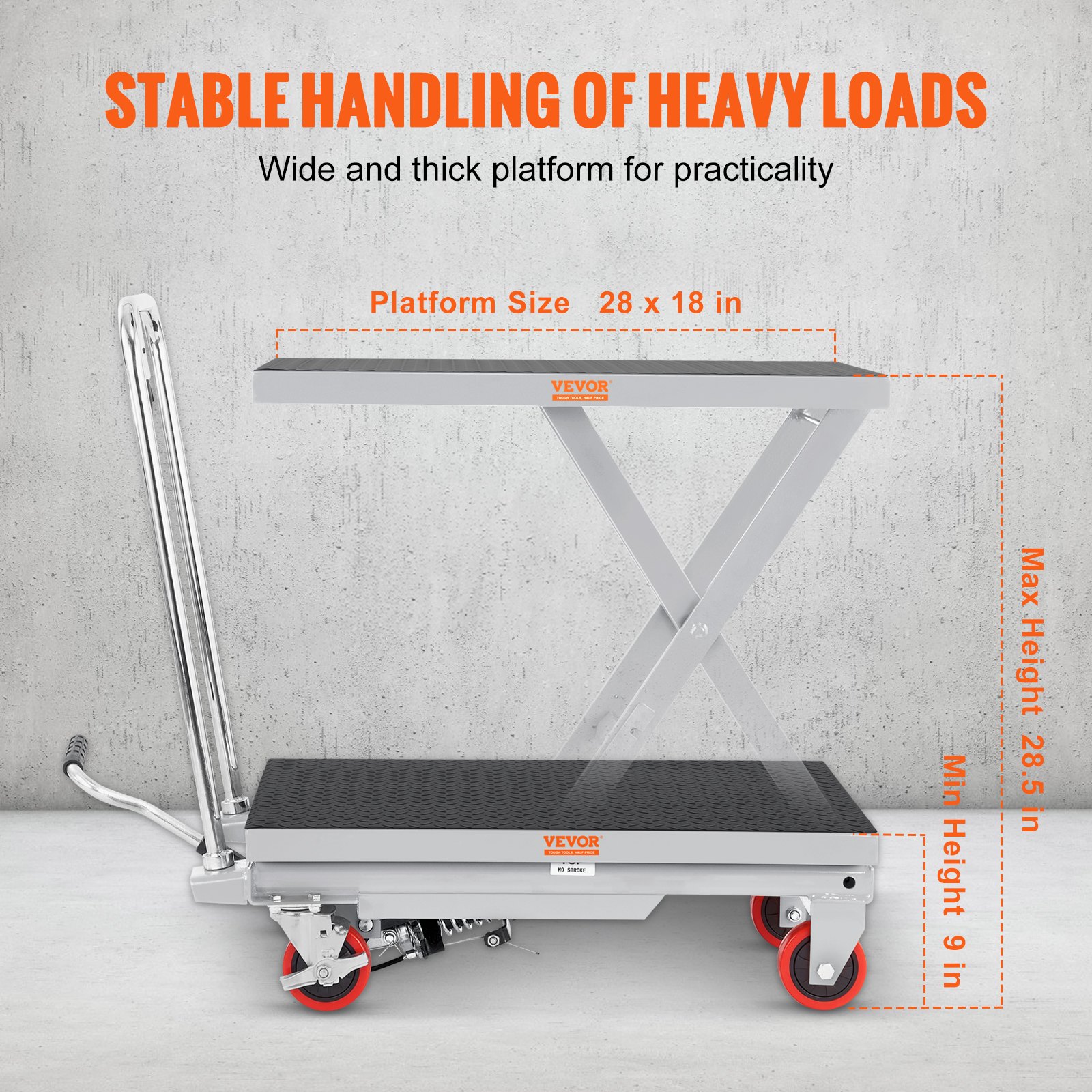 VEVOR Carro Hidráulico de Mesa Elevadora Capacidad de Carga de 230 kg Elevador Manual de Tijera Simple Altura de Elevación de 720 mm 4 Ruedas Cojín Antideslizante para Manipulación Transporte, Gris