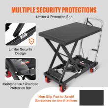 Carro de mesa elevadora hidráulica VEVOR, capacidad de 500 libras, altura de elevación de 28.5 pulgadas, mesa elevadora de tijera individual manual con 4 ruedas y almohadilla antideslizante, carro de tijera hidráulica para manejo de materiales, negro