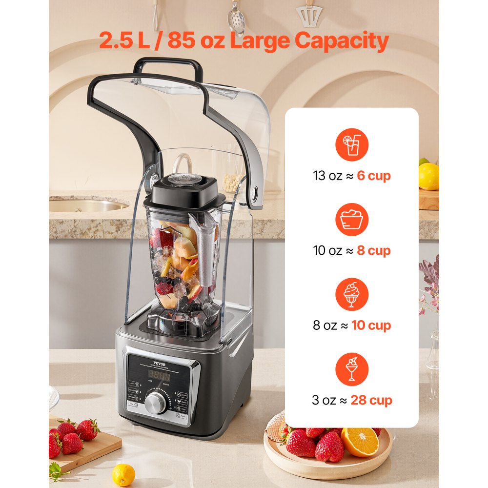 Licuadora VEVOR para batidos, 85 oz, 1400 W, licuadora profesional con motor potente, licuadora multifuncional para procesar alimentos con cubierta antirruido para batidos, zumos y leche, apta para cocina.
