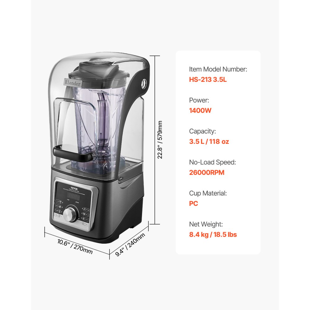Licuadora VEVOR para batidos, 135 oz, 1400 W, profesional, con potente motor, multifuncional, con tapa antirruido para batidos, zumos y zumos, ideal para la cocina.