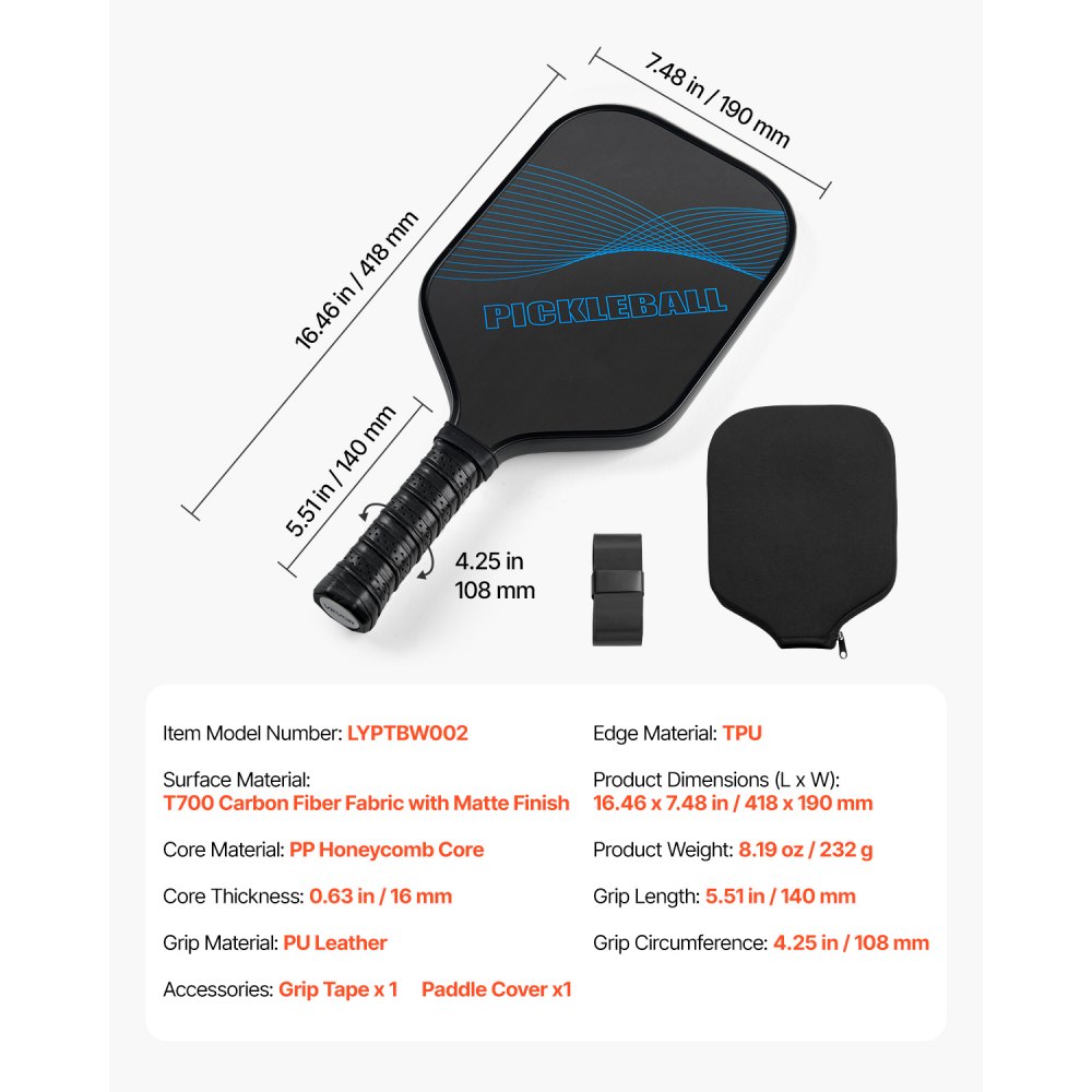 Pala de Pickleball VEVOR, superficie de fibra de carbono T700 y núcleo de panal, pala profesional con mayor potencia, control y efecto, para adultos, hombres y mujeres, azul