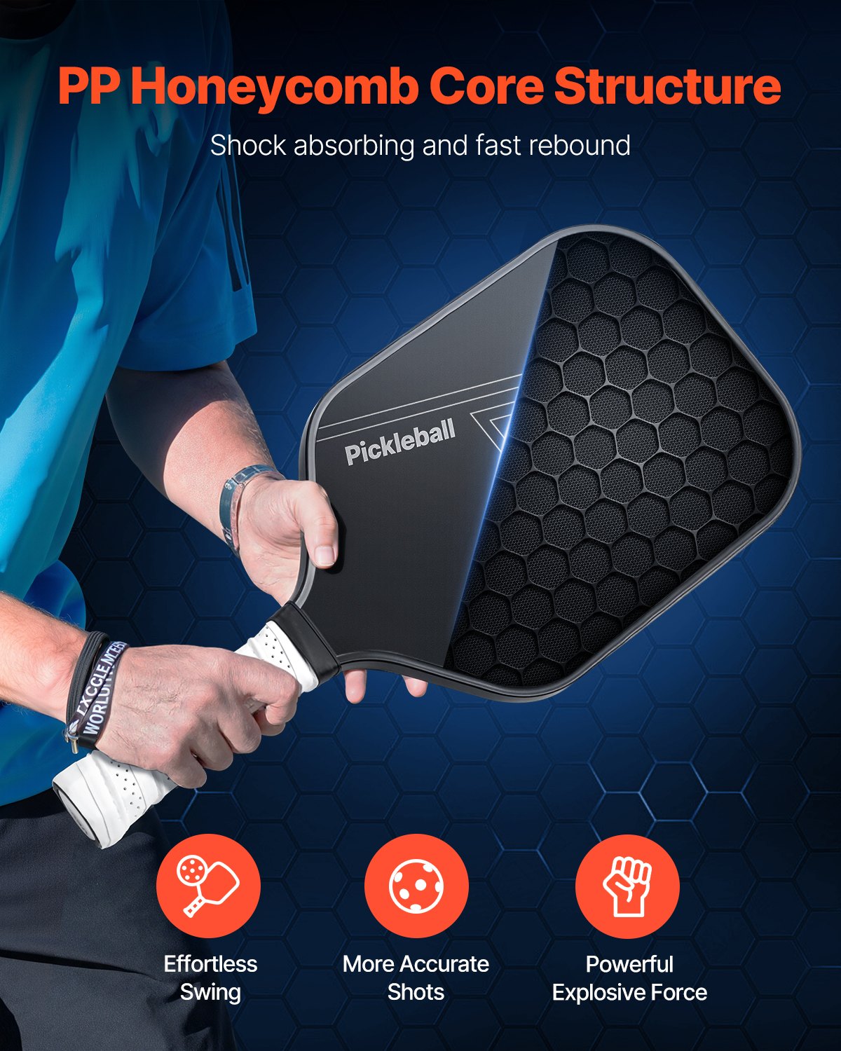 Pala de Pickleball VEVOR, superficie de fibra de carbono T700 y núcleo de panal, pala profesional con mayor potencia, control y efecto, para adultos, hombres y mujeres, color negro