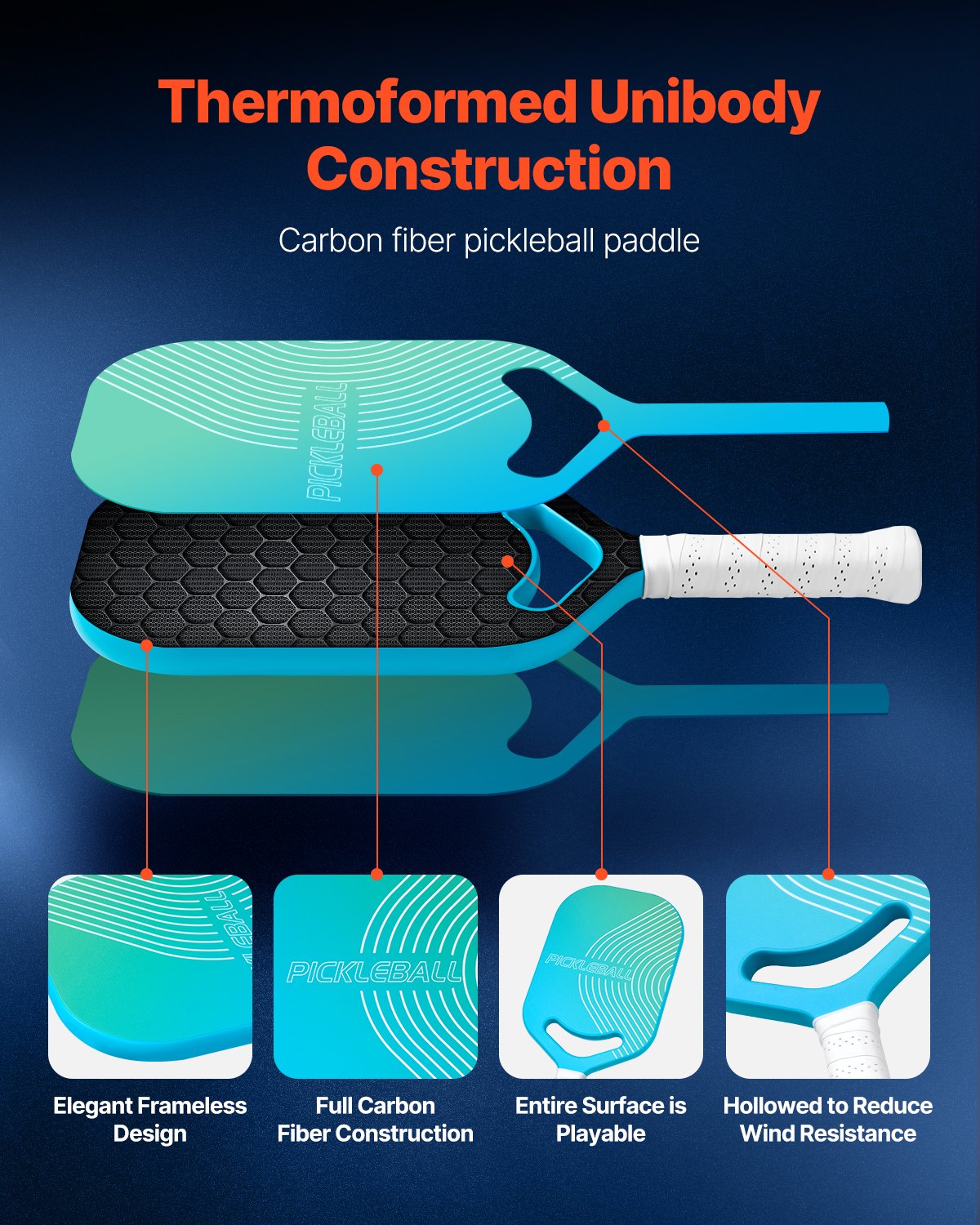 Pala de Pickleball VEVOR con garganta aerodinámica, superficie de fibra de carbono T700 y núcleo de panal. Pala profesional con mayor potencia, control y efectos. Raqueta de Pickleball para adultos, hombres y mujeres.