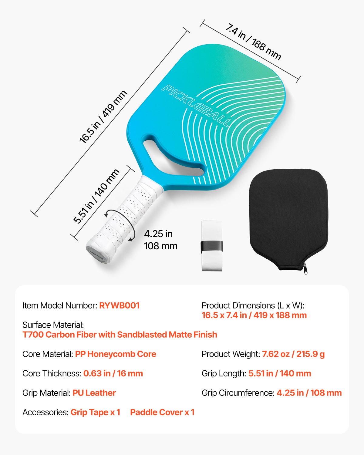 Pala de Pickleball VEVOR con garganta aerodinámica, superficie de fibra de carbono T700 y núcleo de panal. Pala profesional con mayor potencia, control y efectos. Raqueta de Pickleball para adultos, hombres y mujeres.