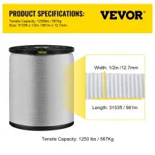 Cinta de tracción de poliéster VEVOR de 1250 libras, cinta plana de 3153' x 1/2" para trabajos de conductos de cables y cables, funciones variables, cuerda plana para tirar/cargar/embalar en cualquier clima CONDICIÓN