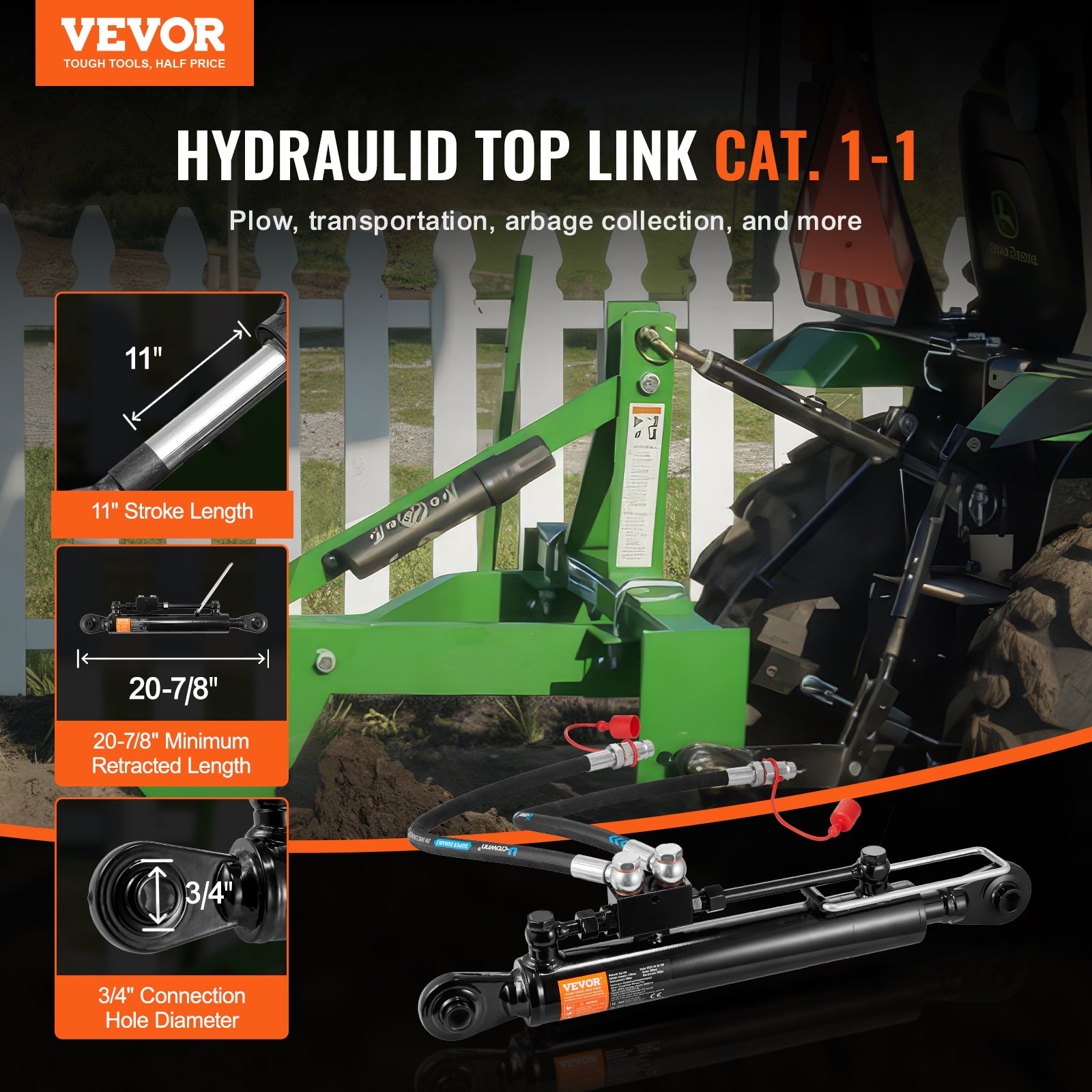 Enlace superior hidráulico VEVOR cat. 1-1, longitud de carrera de 11&quot;, longitud retraída de 20-7/8&quot;, diámetro de conexión de 3/4&quot;.