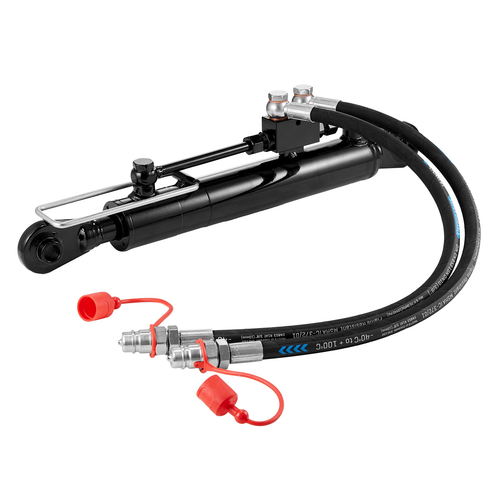 Enlace superior hidráulico VEVOR con mangueras y accesorios, cilindro negro y tapas protectoras rojas.