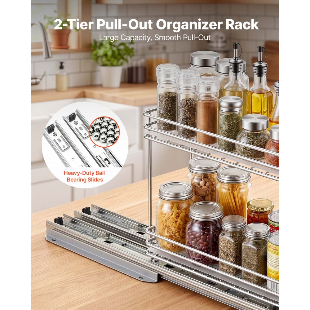 VEVOR Organizador Cocina Bajo Fregadero de 2 Niveles Estante Extraíble, Cesta de Metal Resistente, Deslizamiento Suave, 215x110x265 mm, Plateado, Para Especias, Condimentos, Utensilios, Aperitivos