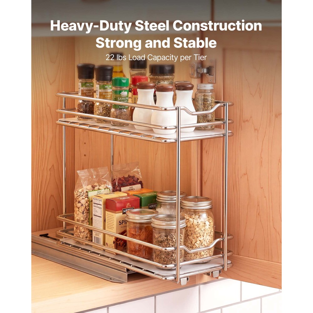 VEVOR Organizador Cocina Bajo Fregadero de 2 Niveles Estante Extraíble, Cesta de Metal Resistente, Deslizamiento Suave, 215x110x265 mm, Plateado, Para Especias, Condimentos, Utensilios, Aperitivos