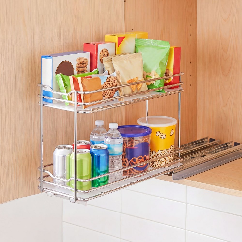 VEVOR Organizador Cocina Bajo Fregadero de 2 Niveles Estante Extraíble, Cesta de Metal Resistente, Deslizamiento Suave, 215x110x265 mm, Plateado, Para Especias, Condimentos, Utensilios, Aperitivos