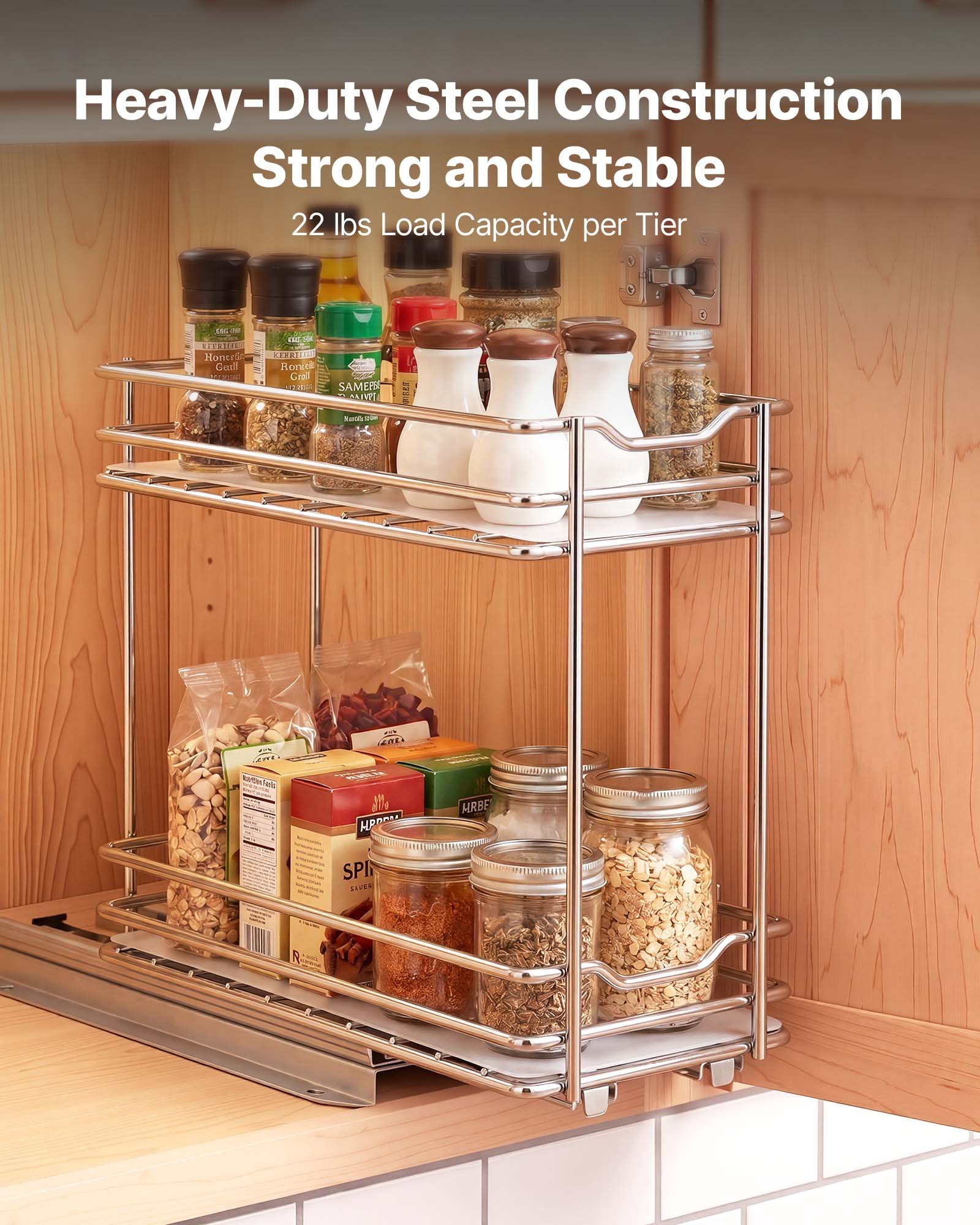 VEVOR Organizador Cocina Bajo Fregadero de 2 Niveles Estante Extraíble, Cesta de Metal Resistente, Deslizamiento Suave, 215x110x265 mm, Plateado, Para Especias, Condimentos, Utensilios, Aperitivos