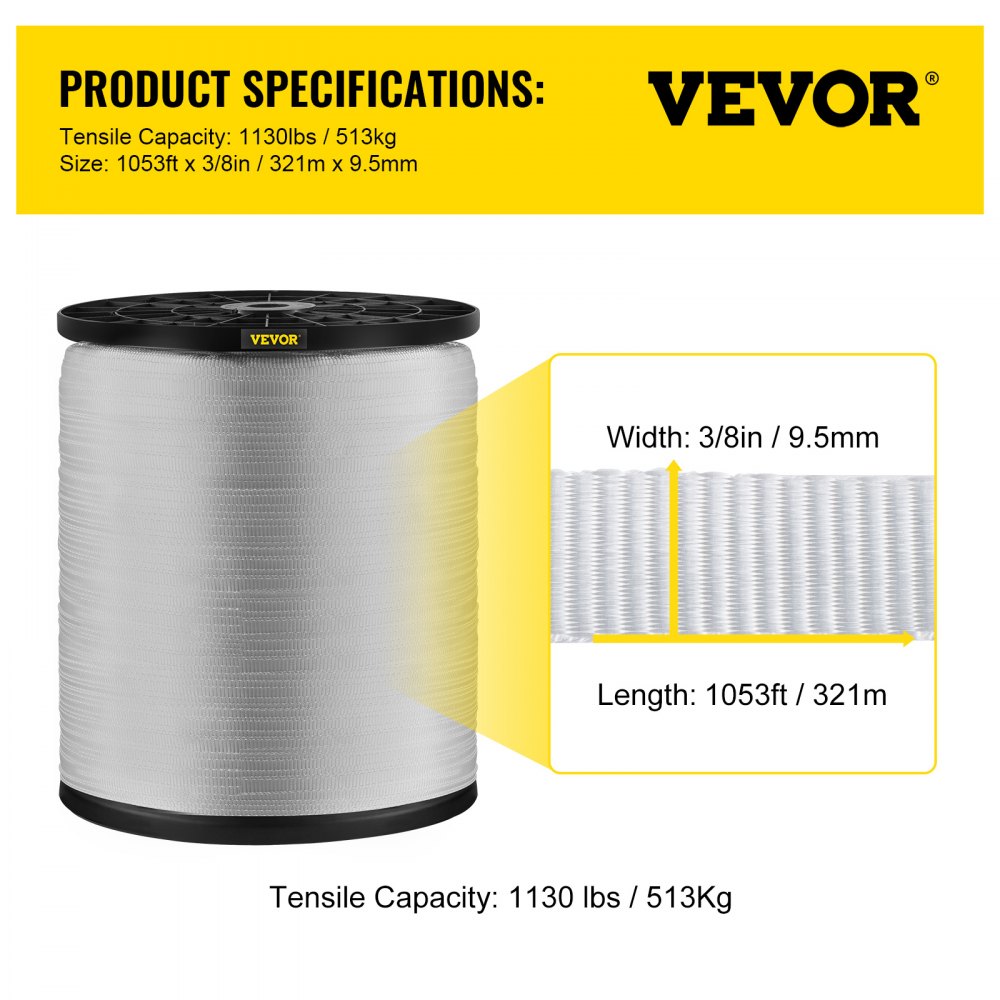 Cinta de tracción de poliéster VEVOR de 1130 libras, cinta plana de 1053' x 3/8" para trabajos de conductos de cables y cables, funciones variables, cuerda plana para tirar/cargar/embalar en cualquier clima CONDICIÓN