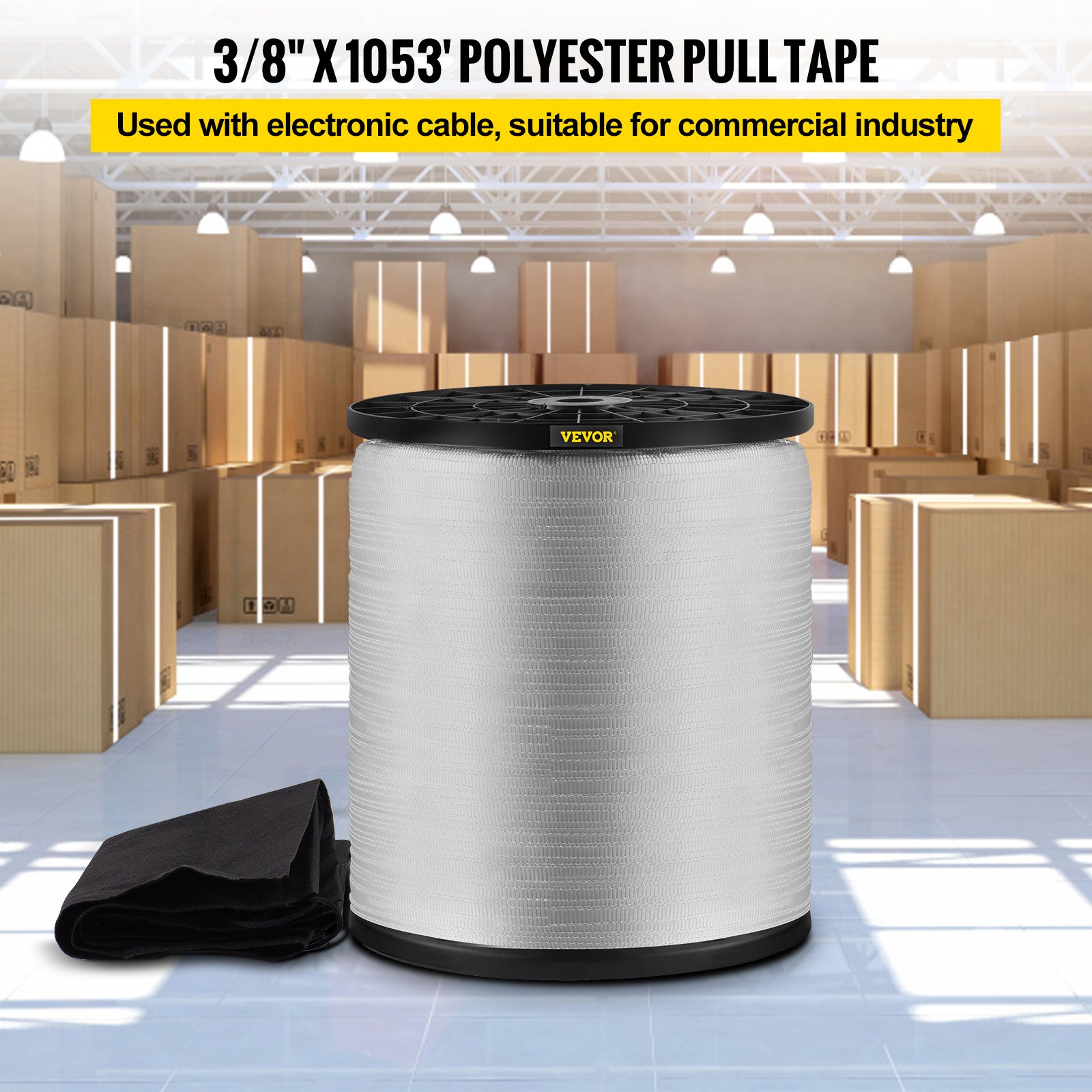 Cinta de tracción de poliéster VEVOR de 1130 libras, cinta plana de 1053' x 3/8" para trabajos de conductos de cables y cables, funciones variables, cuerda plana para tirar/cargar/embalar en cualquier clima CONDICIÓN