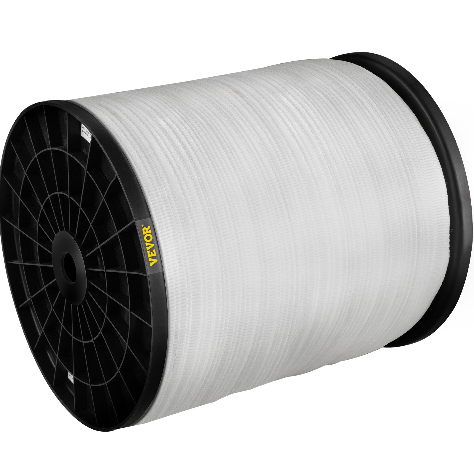 Carrete grande de cinta de tracción de poliéster VEVOR de color blanco con extremos negros.