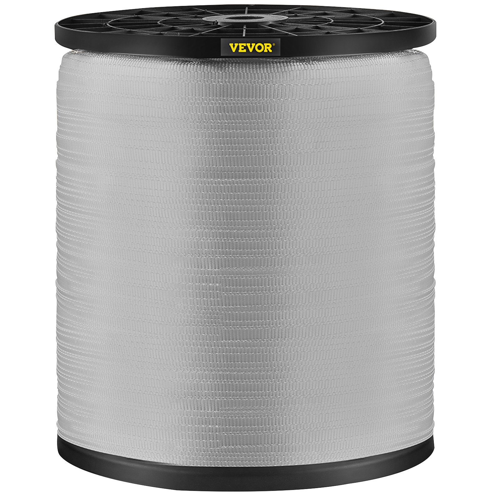 Gran carrete de cinta de tracción de poliéster VEVOR en color blanco con bordes negros.