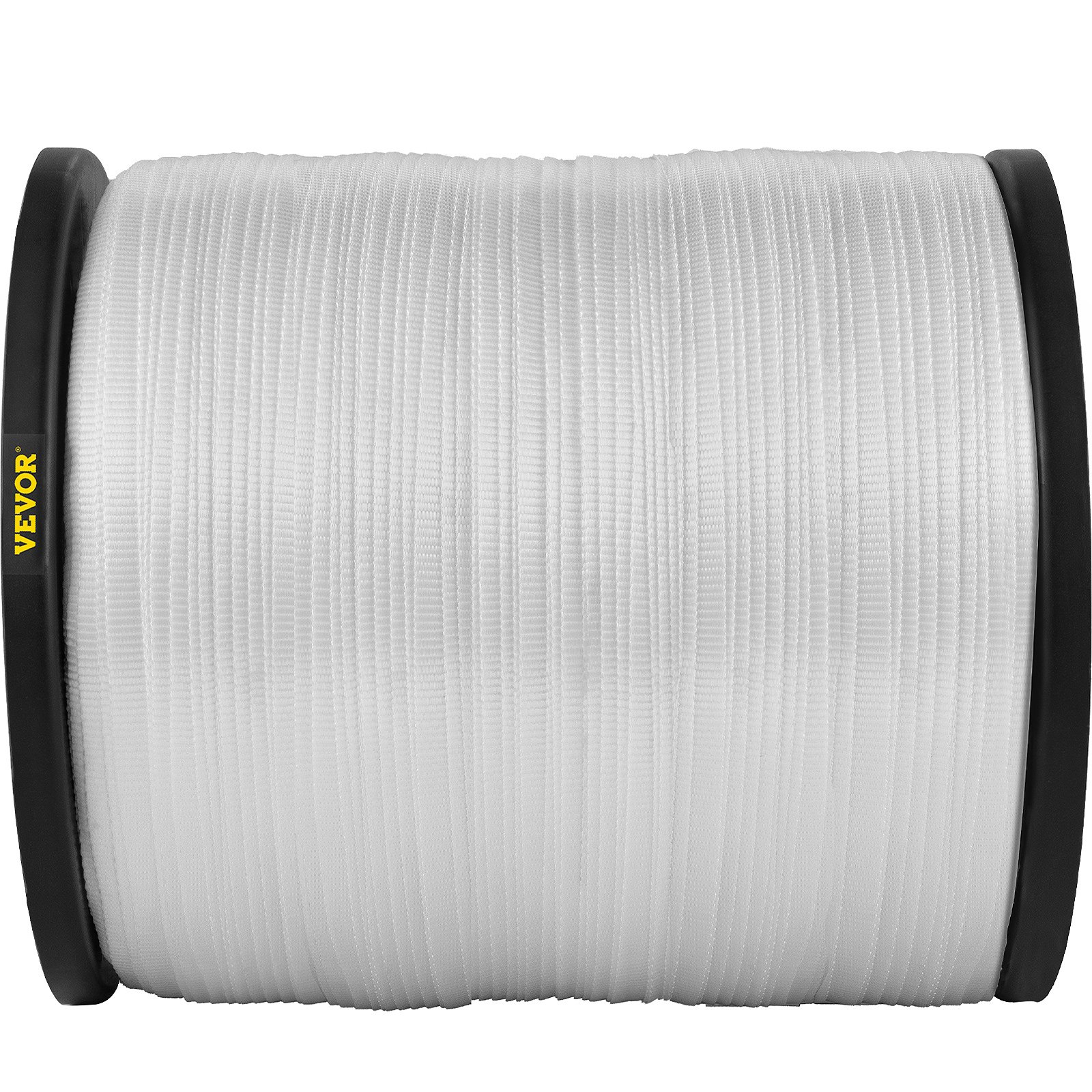 Carrete grande de cinta de tracción de poliéster VEVOR en color blanco, enrollado firmemente con bordes de plástico.