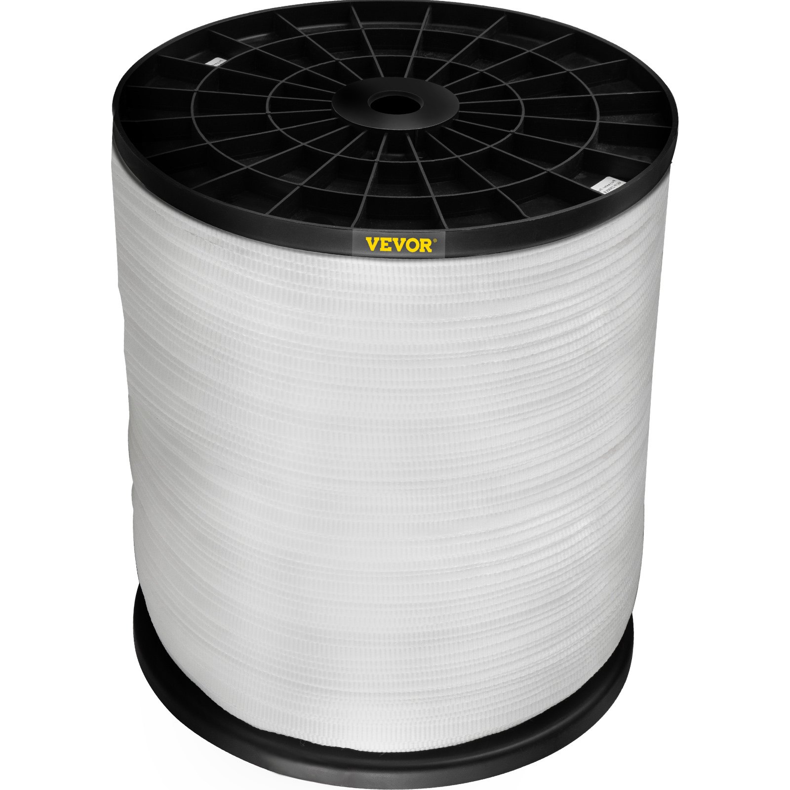 Carrete de cinta de tracción de poliéster VEVOR con núcleo negro y cinta texturizada blanca.