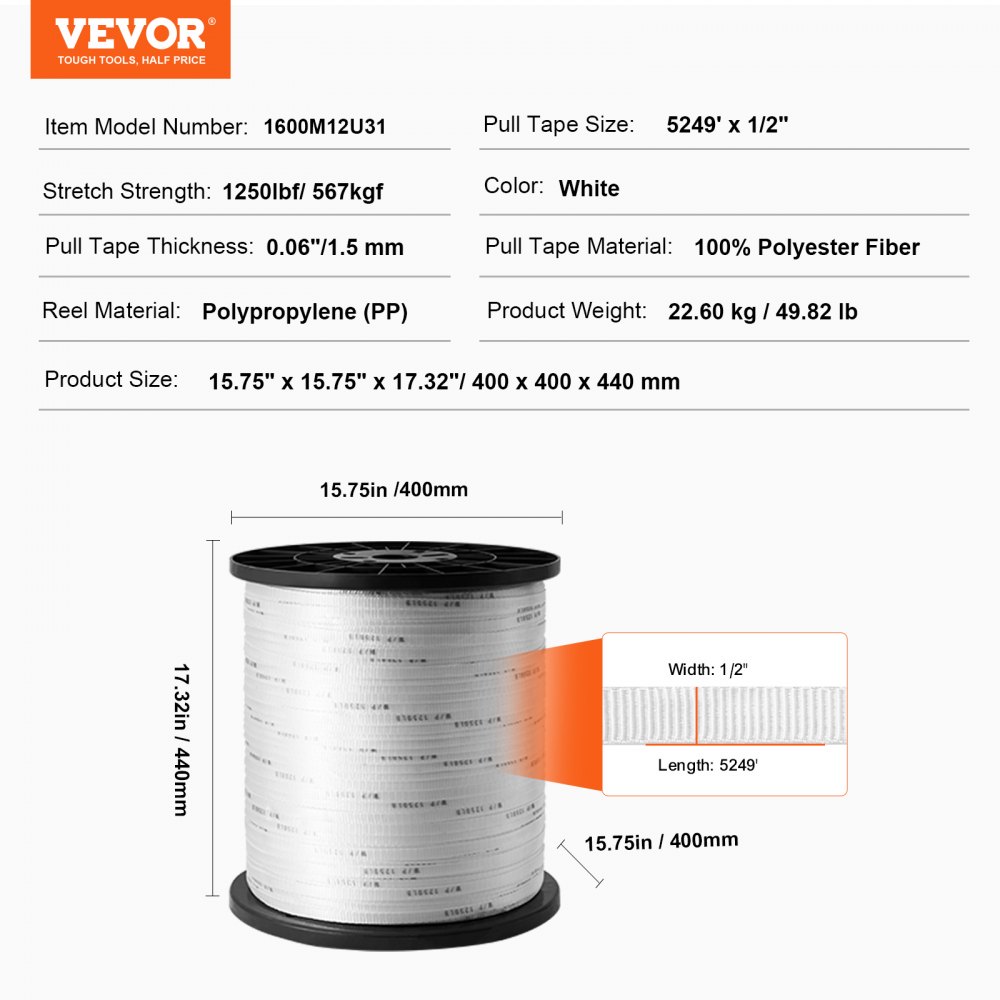 Cordón de tracción VEVOR de poliéster duradero, 1,27 cm de ancho y 1600 m de largo, carga máxima de 567 kg, perfecto para organizar cables, embalaje, trabajos de jardinería y trabajos eléctricos.