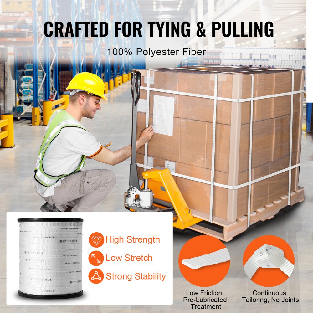 Cinta de tracción de poliéster VEVOR, 5/8" x 630', cuerda plana Mule Tape, capacidad de tracción de 2200 lbf, cinta de tracción de cable impresa para embalaje, jardinería, instalaciones eléctricas comerciales, trabajos en conductos, blanca