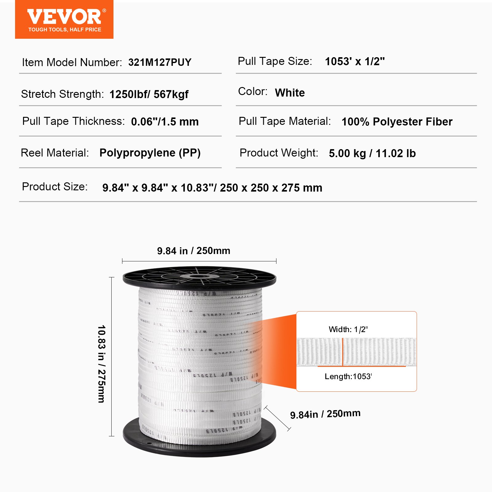 Cinta de tracción de poliéster VEVOR, 1/2" x 1053', cuerda plana tipo mula, capacidad de tracción de 1250 lbf, cinta impresa para tirar cables, ideal para embalaje, jardinería, instalaciones eléctricas comerciales y conductos, blanca.