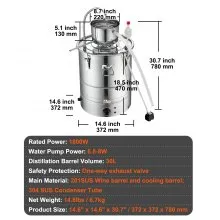 VEVOR Alcohol Still, 9 Gal 30L Water Alcohol Distiller, Home Distillery Kit incluye tubo y bomba de acero inoxidable y válvula de escape unidireccional y termómetro (30-120 ℃) para bricolaje whisky vino brandy, plata
